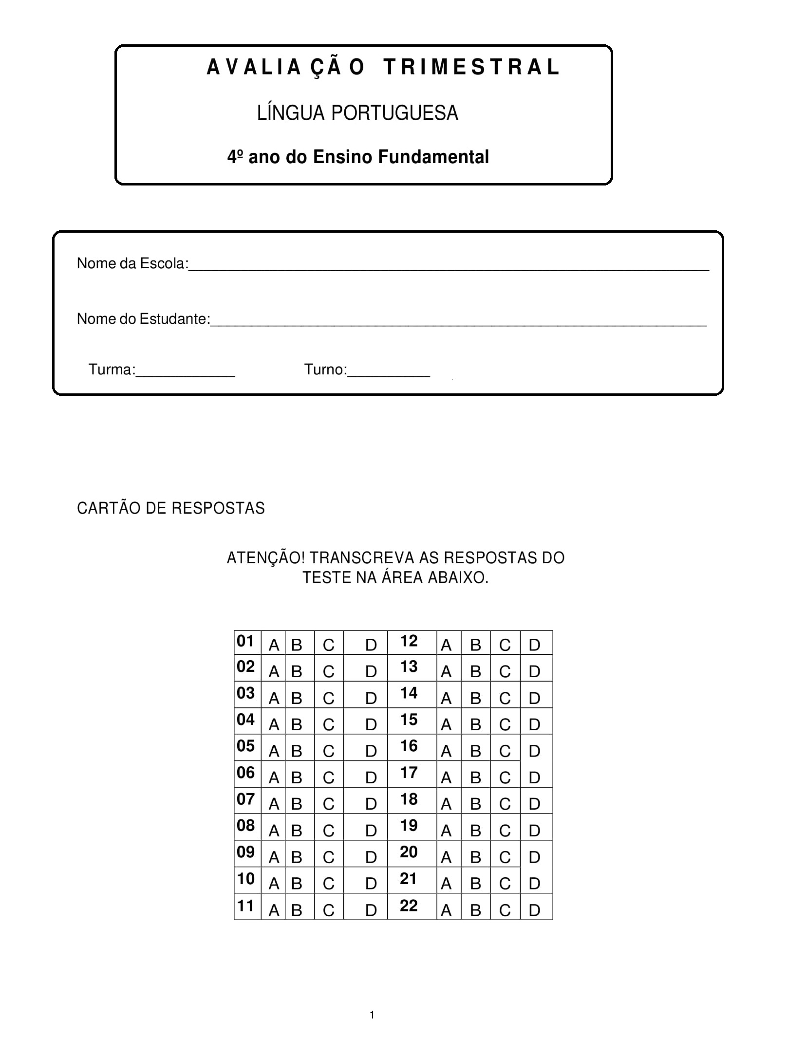 4° ano - Avaliação trimestral de língua portuguesa - 1° trimestre ...