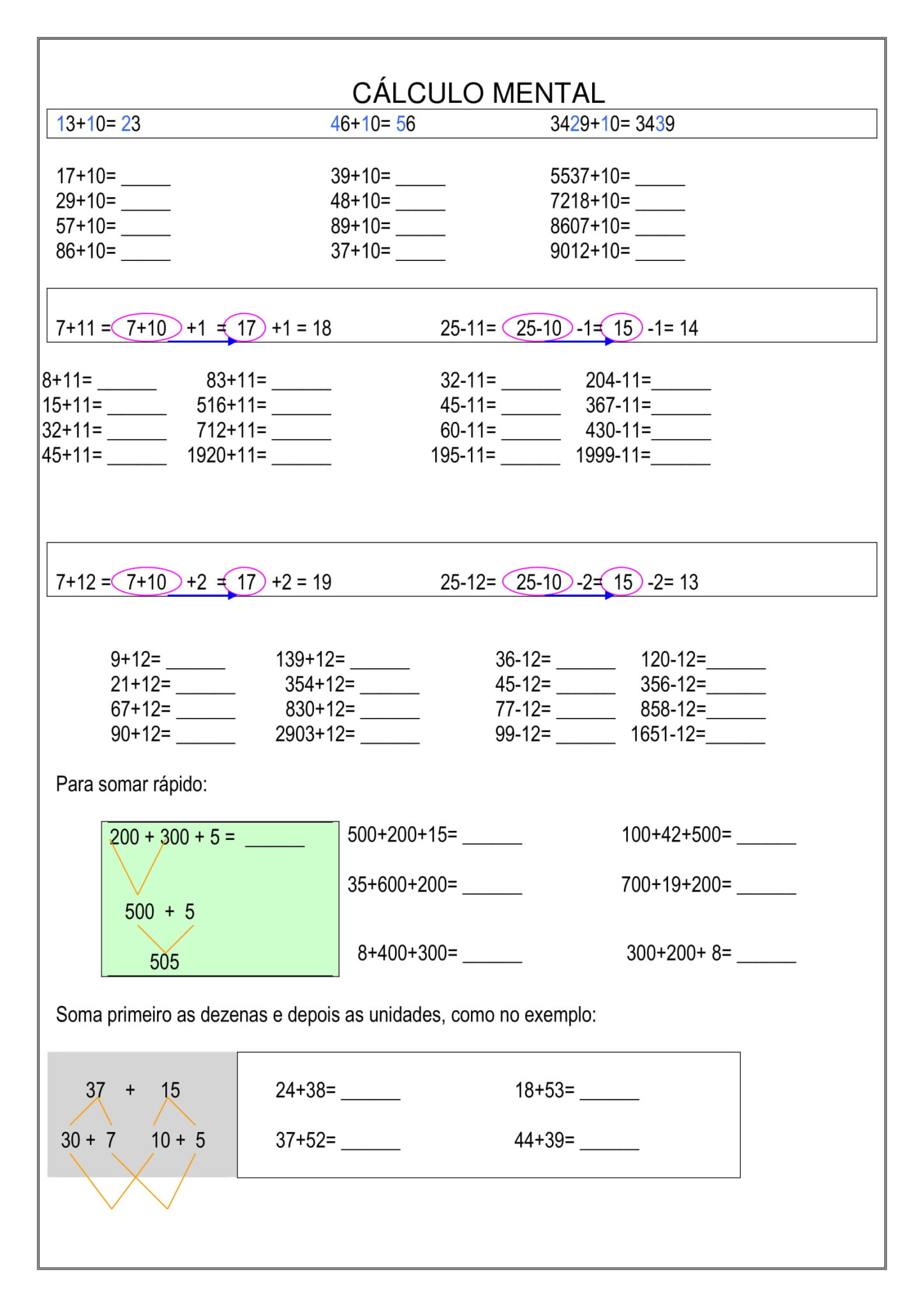 4º e 5º ano - Atividades de matemática para imprimir - Cálculos mentais ...