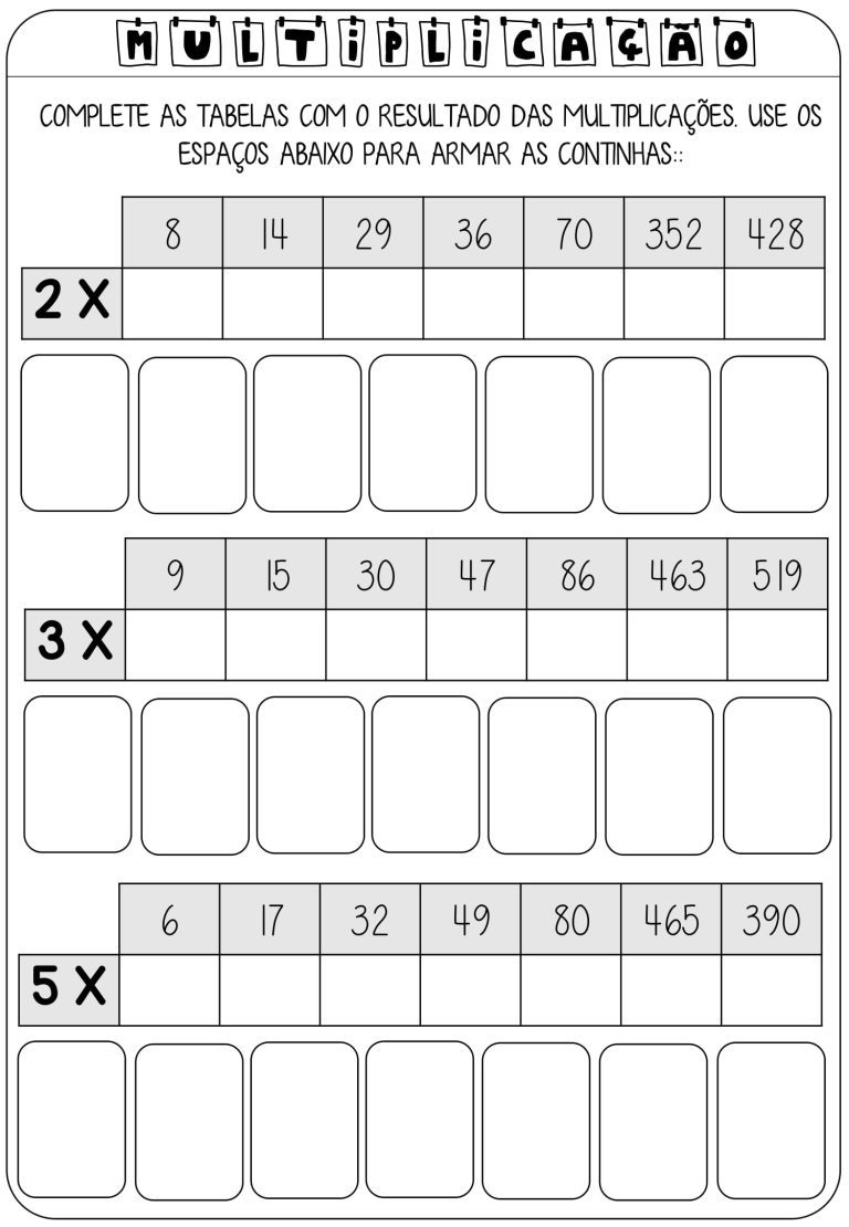 3º ao 5º ano - Exercícios de multiplicação com reagrupamento - Prof ...